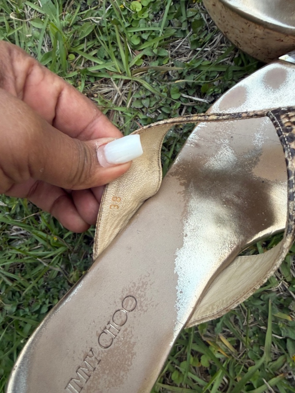 Jimmy Choo Gold Snake-Print Wedge Thong Sandals - Picture 5 of 6